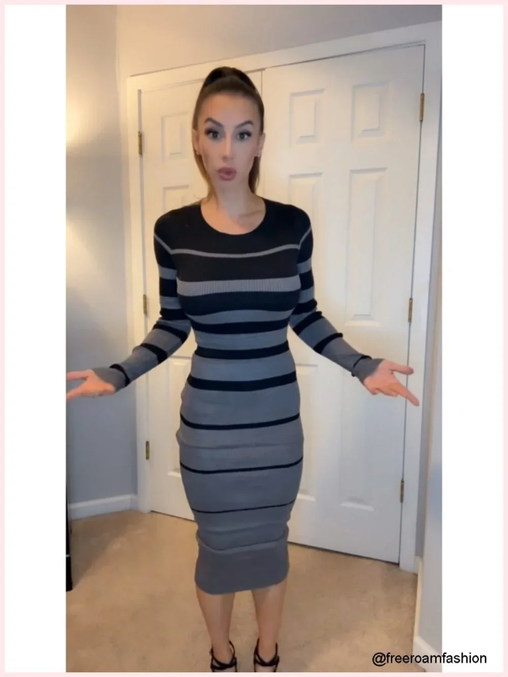 Long Sleeve Ribbed Sweater Dress Crew Neck Stripes Bodycon Midi Knit Stretch